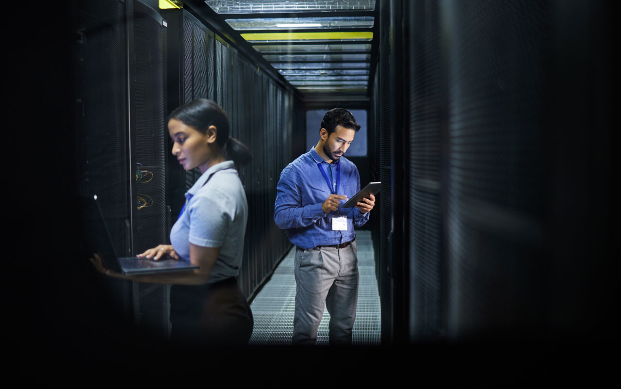 man woman or technology in server room it engineering or software programming for cybersecurity 2